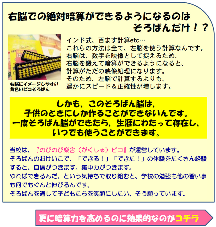 右脳での絶対暗算ができるようになるのは、そろばんだけ！？
    インド式、百ます計算etc… これらの方法は全て、左脳を使う計算なんです。
右脳は、数字を映像として捉えるため、右脳を鍛えて暗算ができるようになると、計算がただの映像処理になります。
そのため、左脳で計算するよりも、遥かにスピード＆正確性が増します。
しかも、このそろばん脳は、子供のときにしか作ることができないんです。
一度そろばん脳ができたら、生涯にわたって存在し、いつでも使うことができます。
当校は、のびのび楽舎　ピコが運営しています。
テストの弱点分析をしていて、一番気になるのが計算ミス。
多い生徒さんでは、100点満点中10～20点が計算ミスによる失点なんてこともよくあります。
少しでもお子様の計算ミスを無くしたい。
その想いがあり、2013年6月に開校しました。